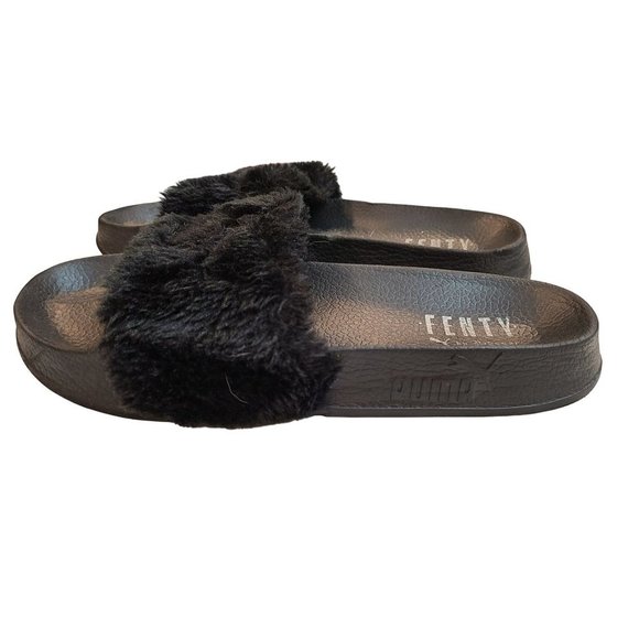 Fenty X Puma Sandals Women's 8 Black Leadcat Slides Fuzzy Slip On Comfy Rhianna - Picture 4 of 9
